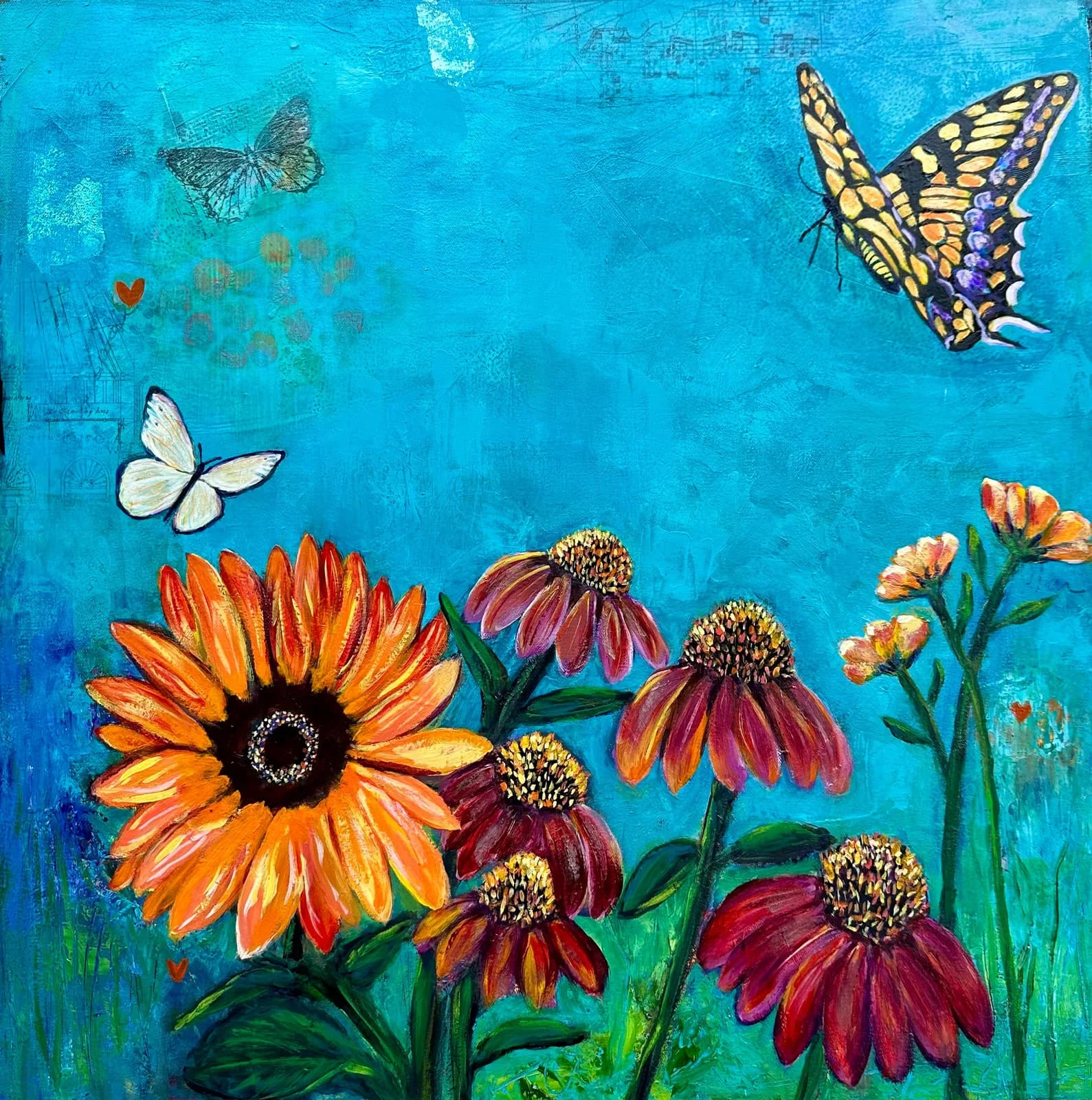 A vibrant oil and acrylic painting depicts sunflowers and echinacea with butterflies against a bright blue background.