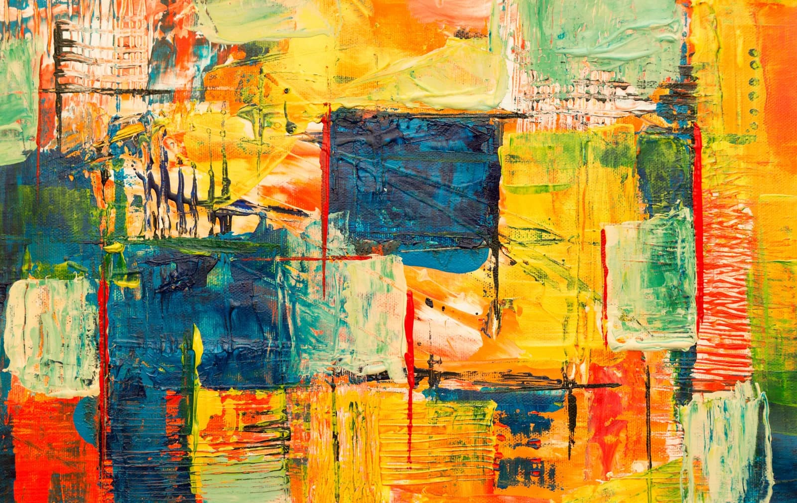 An abstract oil and acrylic painting features bold blocks of color and textured brushstrokes in yellow, blue, and orange.