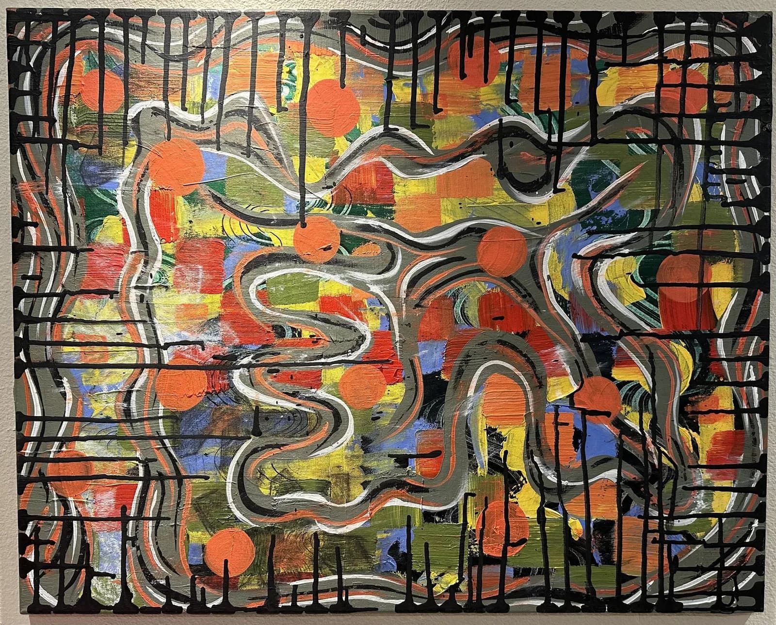 An abstract oil and acrylic painting features vibrant colors and organic shapes with a grid-like overlay.