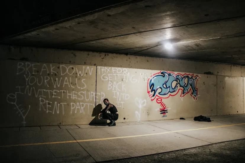 Graffiti art with text and a figure in a concrete underpass.