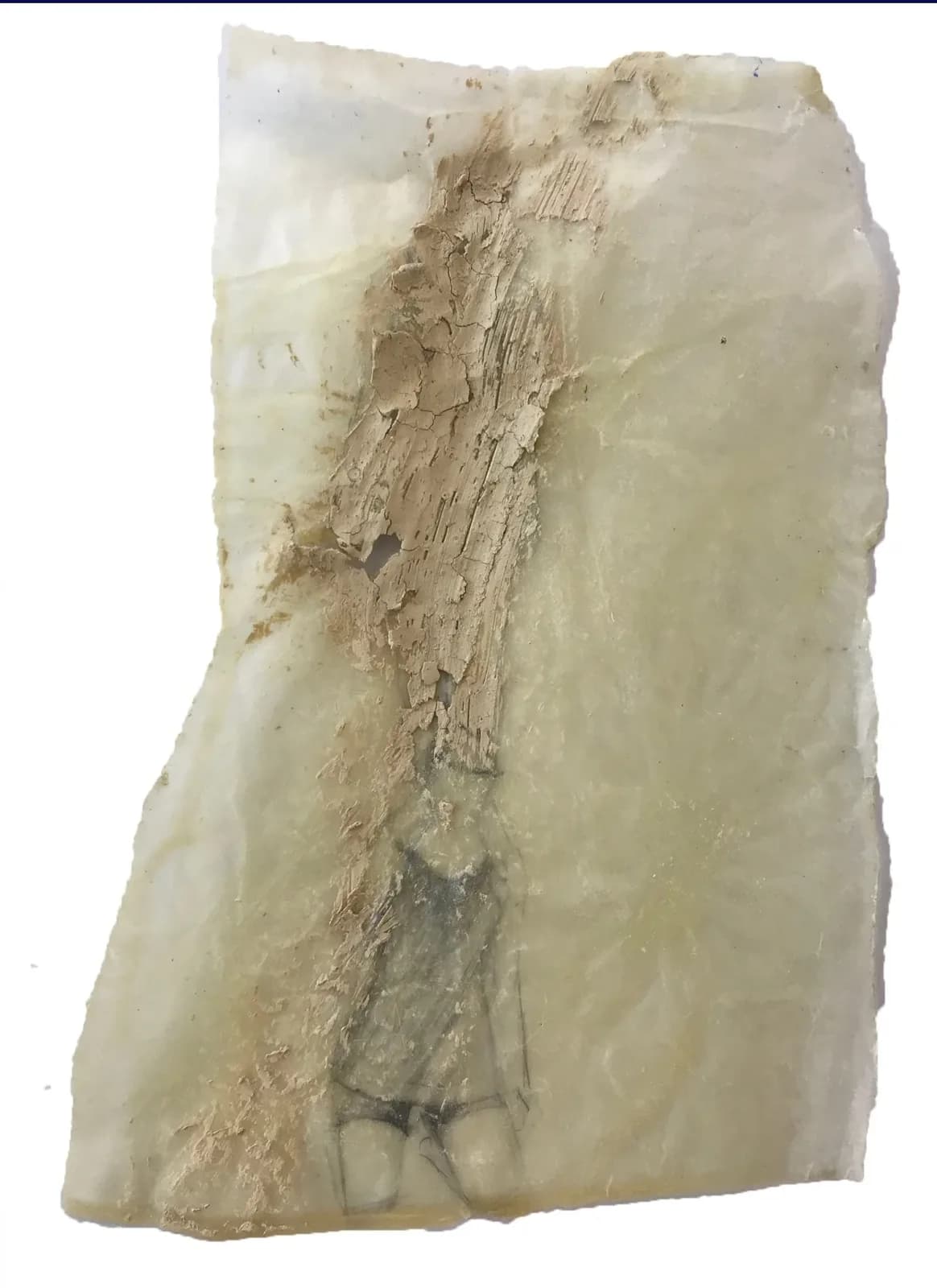 A mixed media artwork on stone featuring a figure drawing with a natural stone texture.