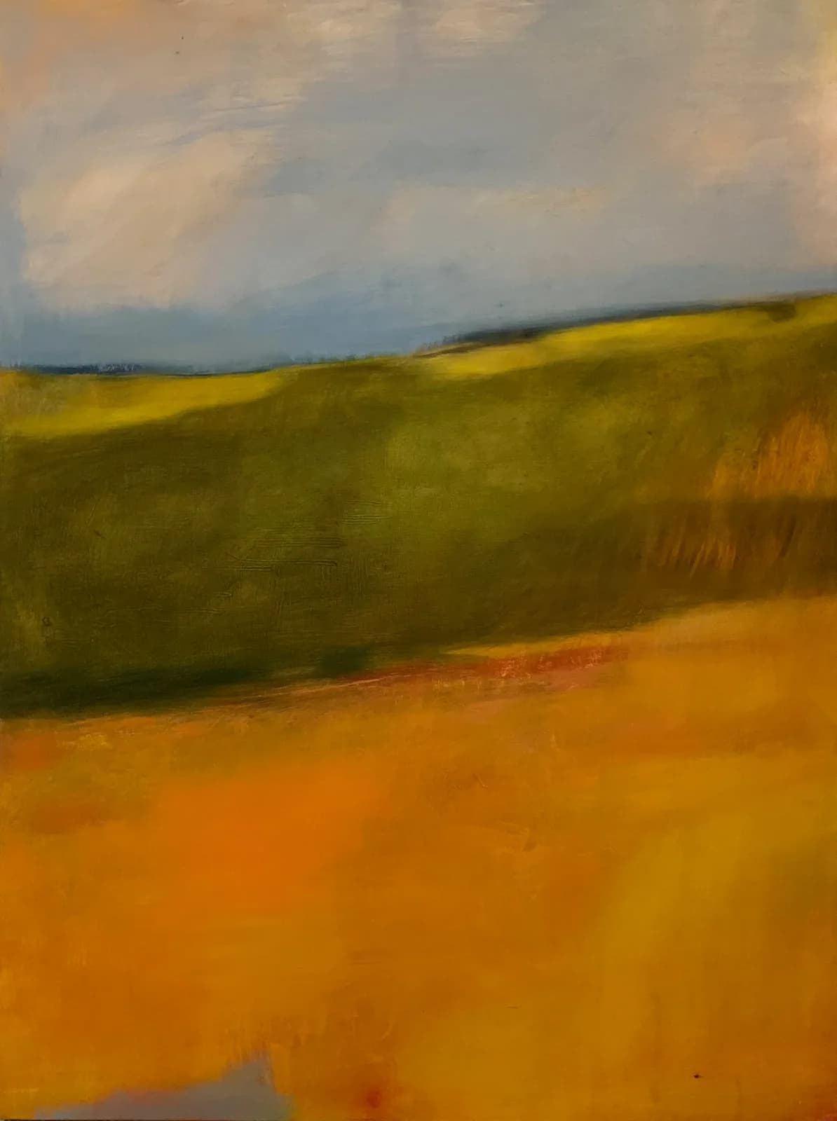 An abstract landscape painting in oil features rolling hills under a soft sky with a palette of green, yellow, and blue.