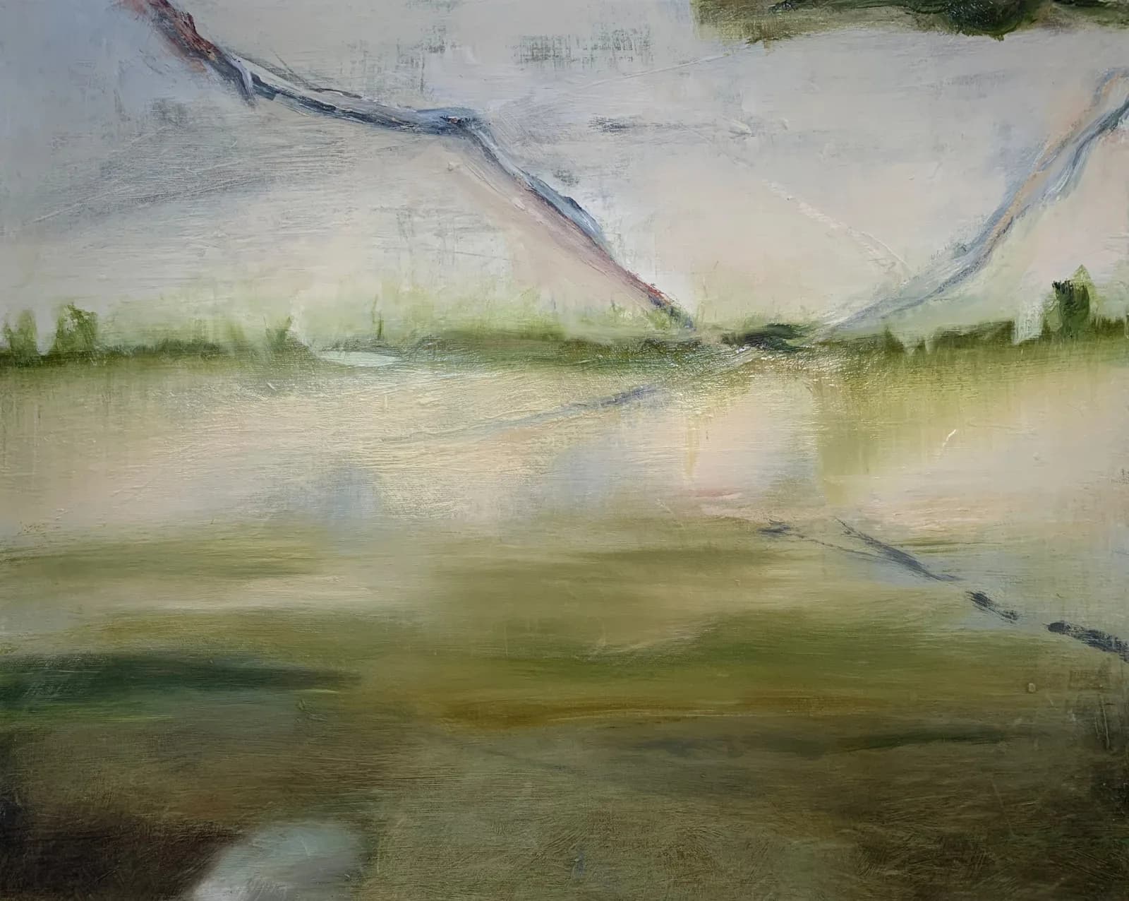 An abstract landscape painting in muted tones of hemlock and tea depicts rolling hills and reflective water.
