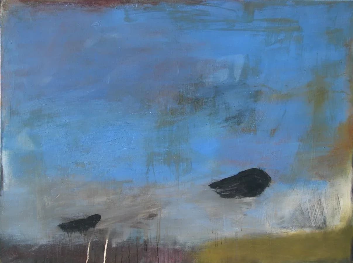 An abstract oil and acrylic painting features textured blue and gray skies over a muted landscape with two black shapes.