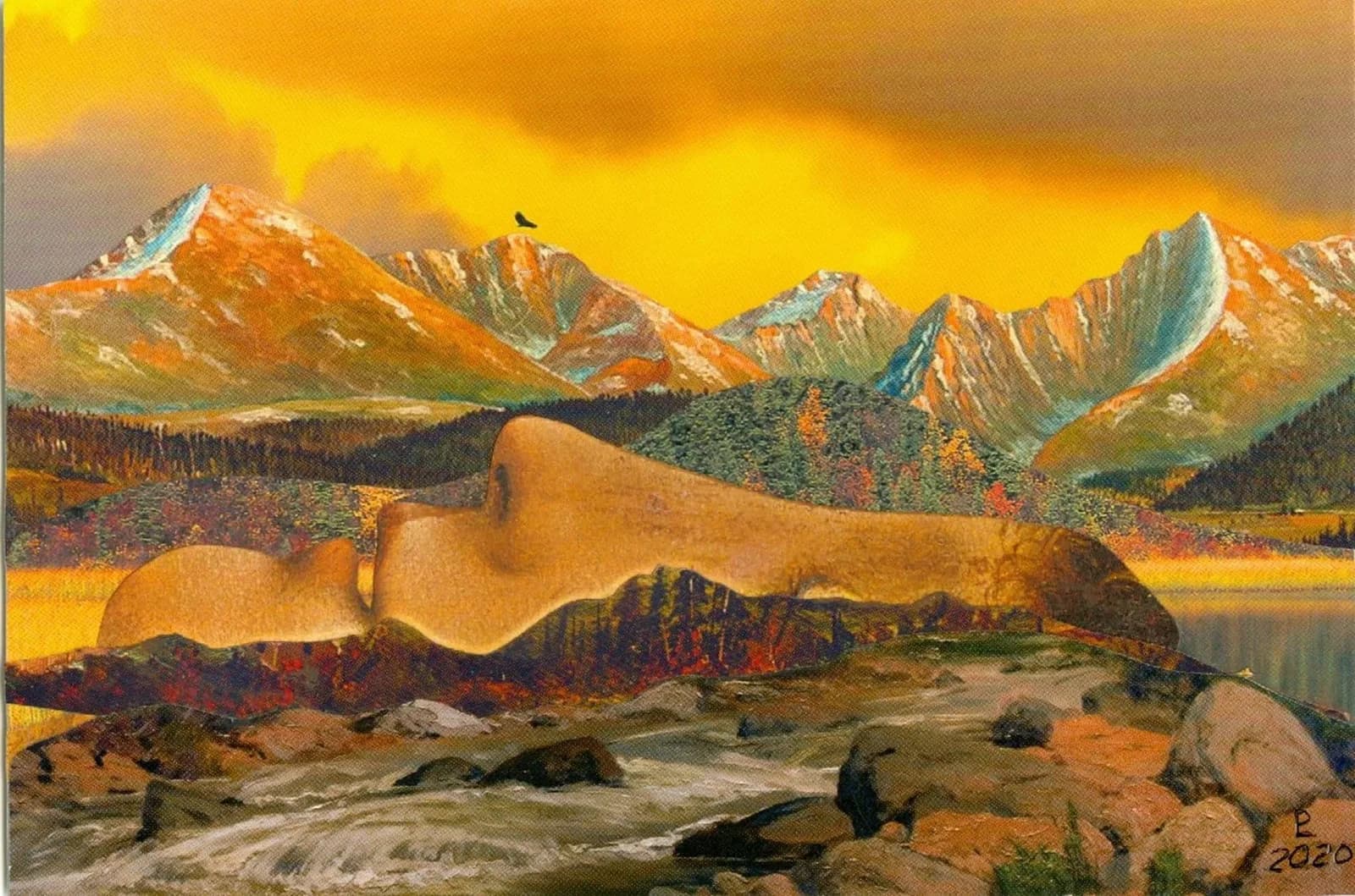 A surreal landscape painting depicts a reclining figure integrated with mountains under a vibrant yellow sky, with a bird in flight.