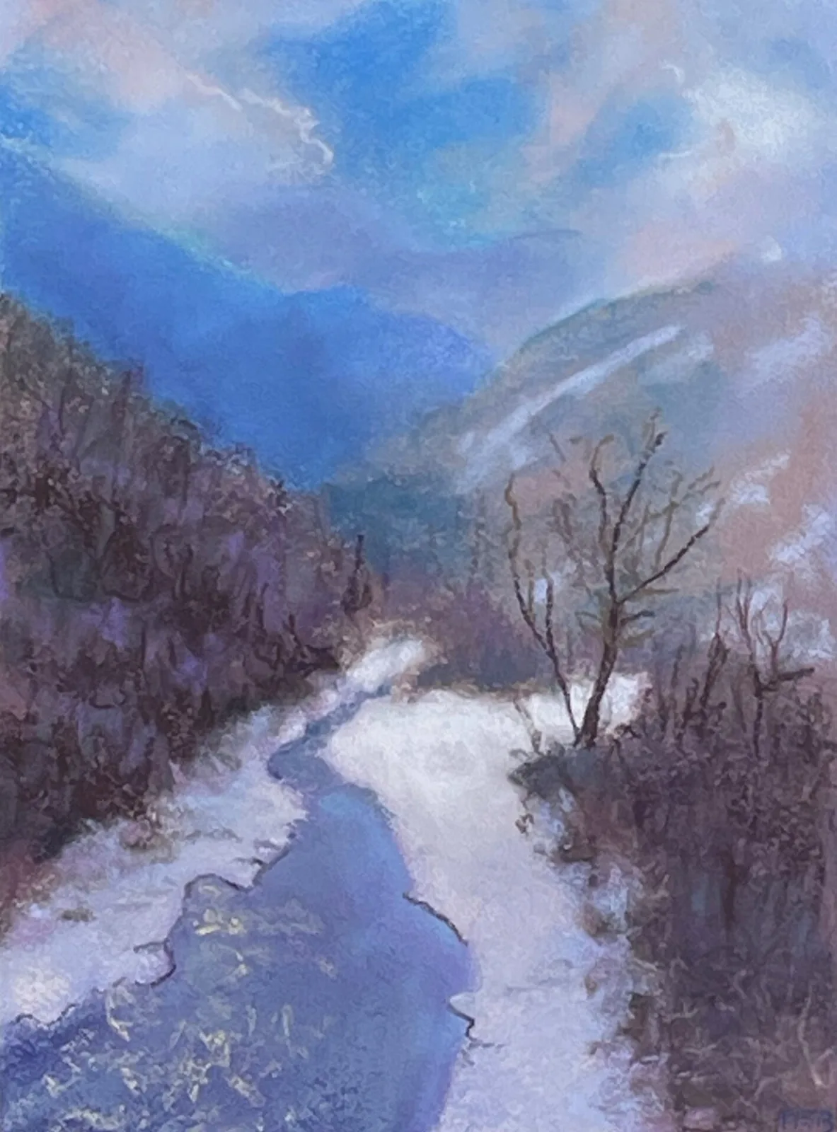 A pastel landscape depicts a snow-covered path alongside a river, with distant mountains under a cloudy sky.