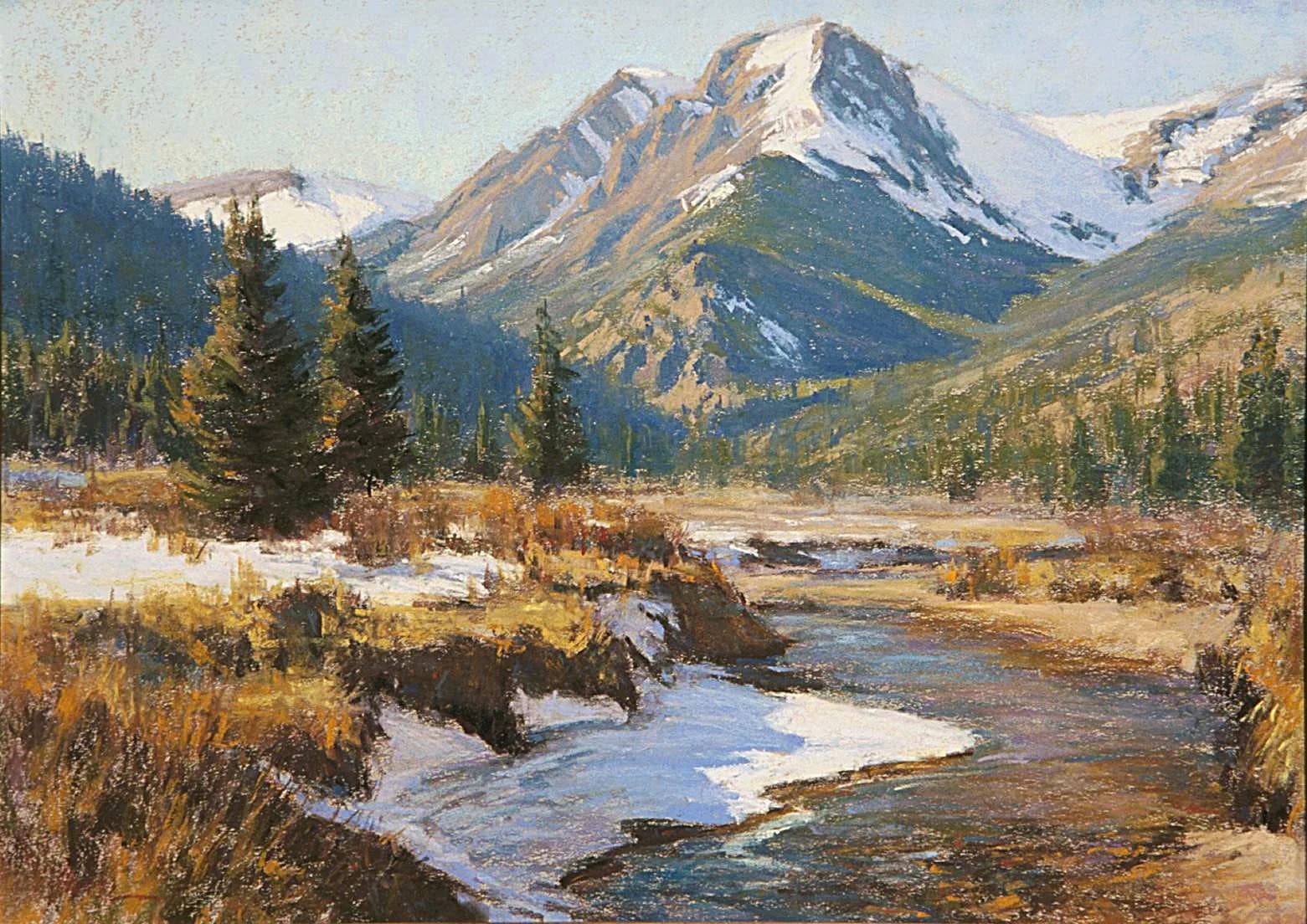 An impressionistic pastel painting captures a snow-dusted mountain landscape with a winding river and evergreen trees.