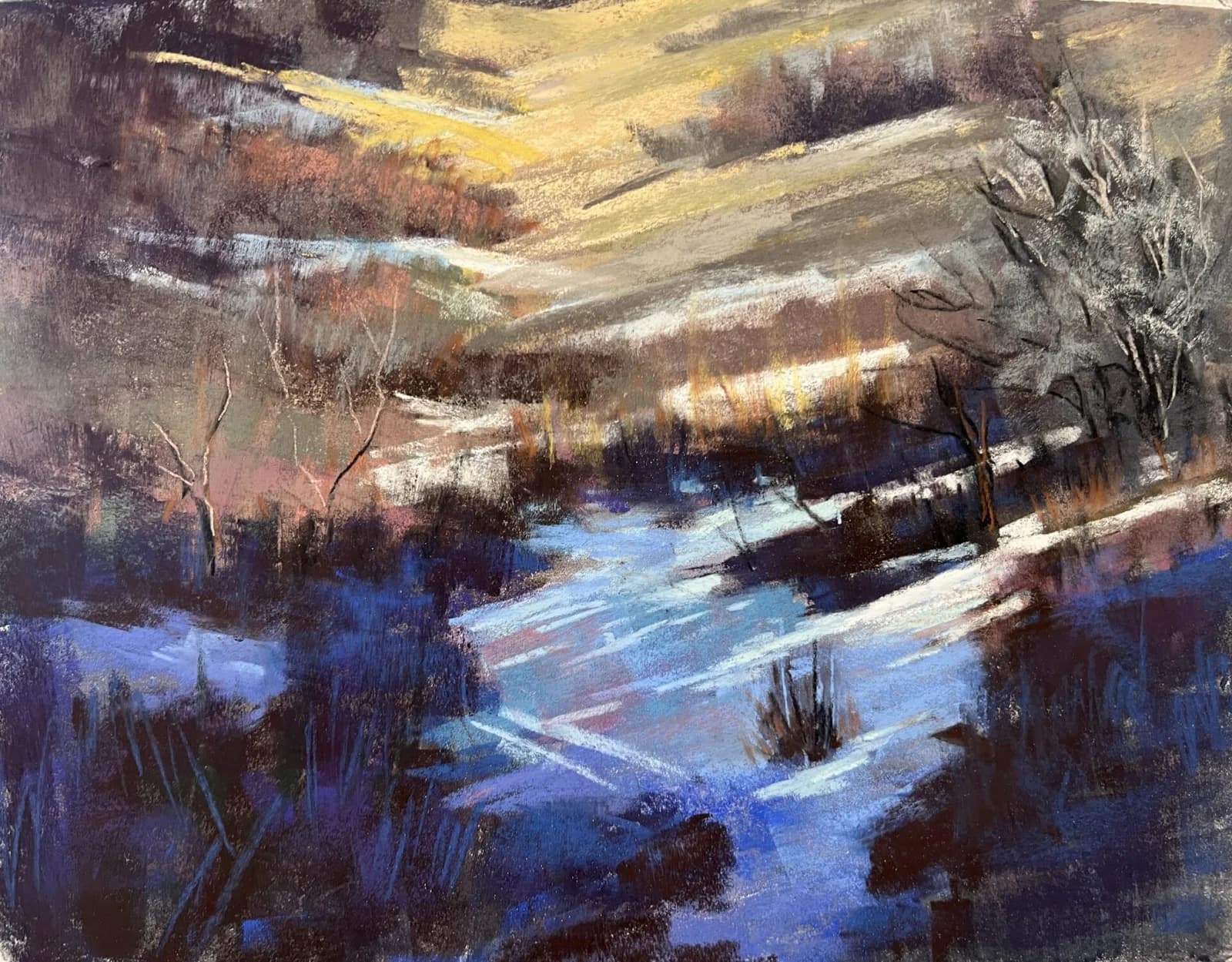 An impressionistic pastel landscape depicts a snow-covered stream winding through hills with dramatic shadows and warm sunlight.