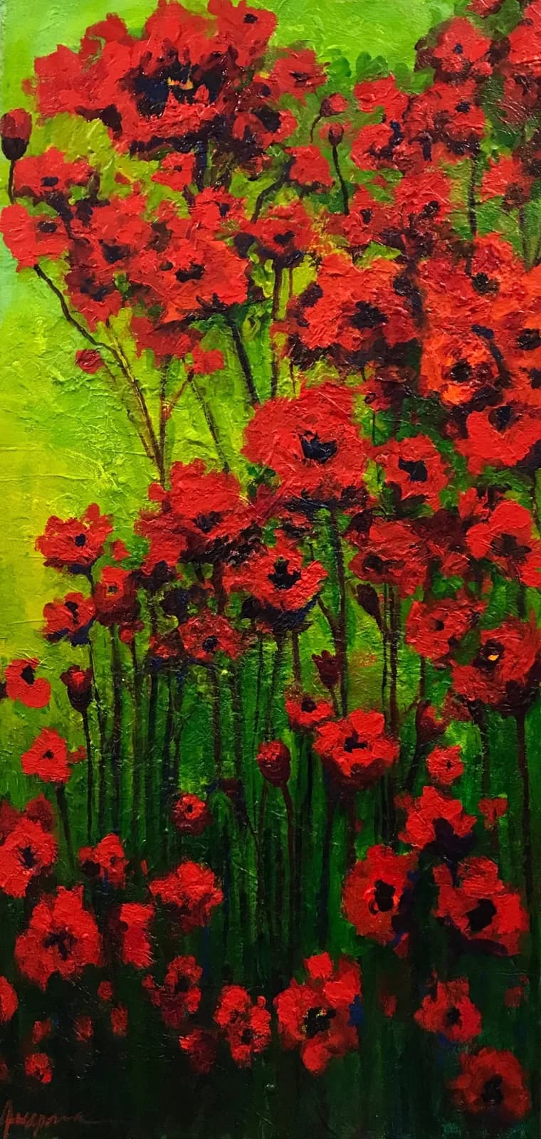 An expressionistic oil painting of vibrant red poppies against a bright green background.