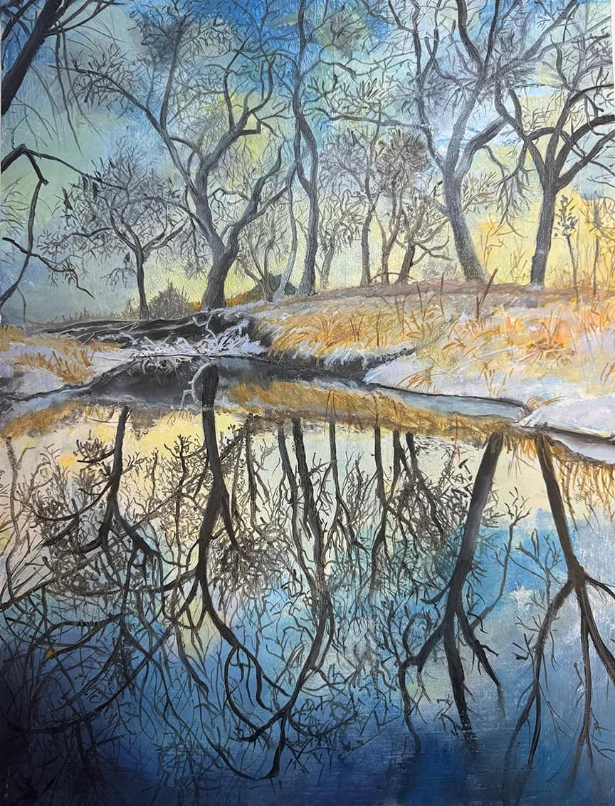 A watercolor painting captures a winter landscape with bare trees reflected in still water, featuring a palette of Bali Hai, Nevada, and Slate Gray.