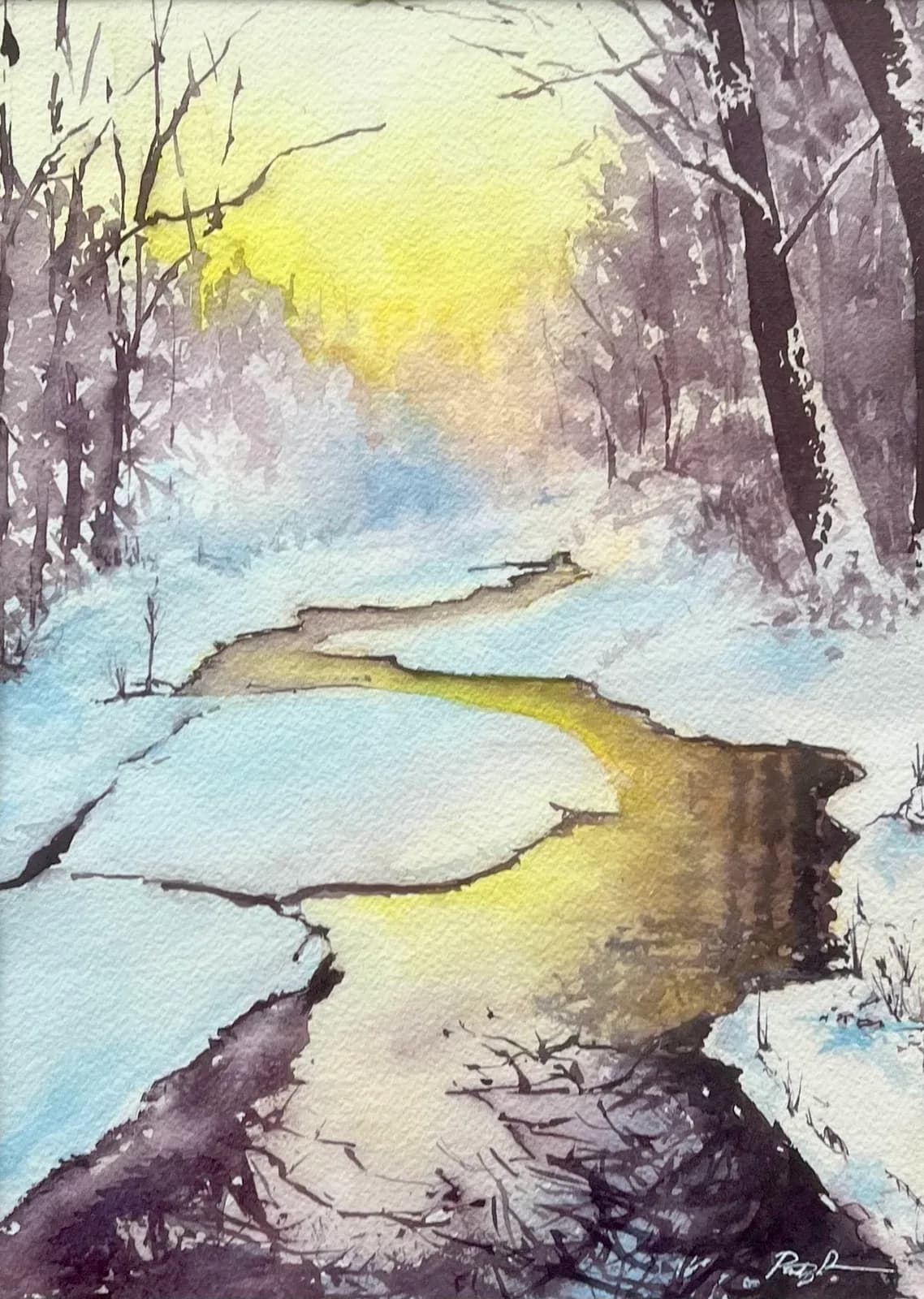 A watercolor painting captures a winter landscape with a winding stream reflecting sunlight through snow-covered trees.