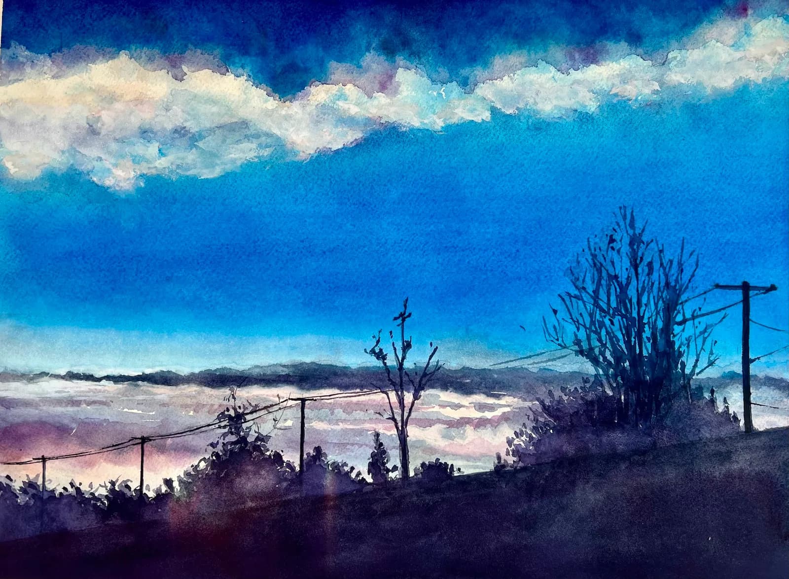 A watercolor landscape painting depicts a dramatic sky with clouds above silhouetted trees and power lines.