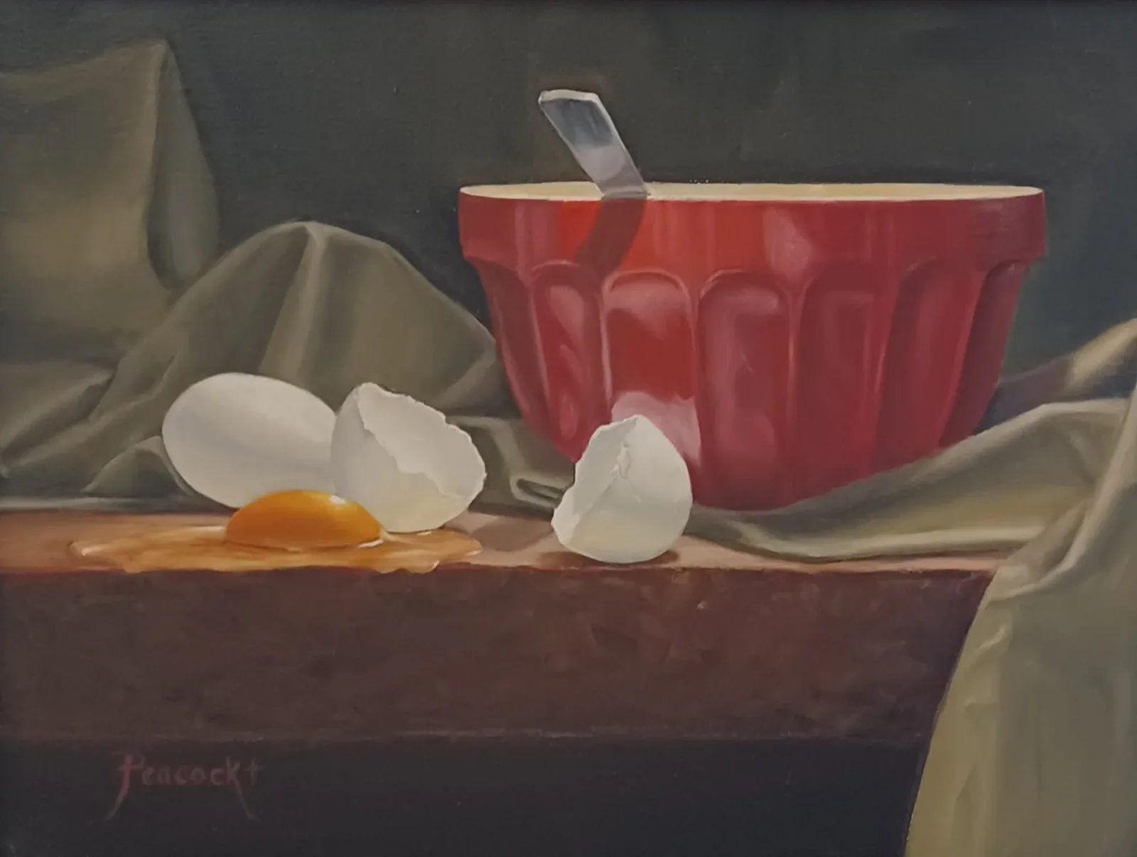A still life painting depicts cracked eggs and a red bowl with a spoon, rendered in oil.