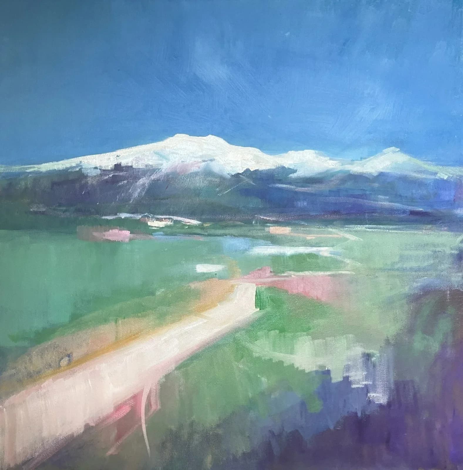 An impressionistic oil painting depicts snow-capped mountains under a bright blue sky, with a winding road through green fields.