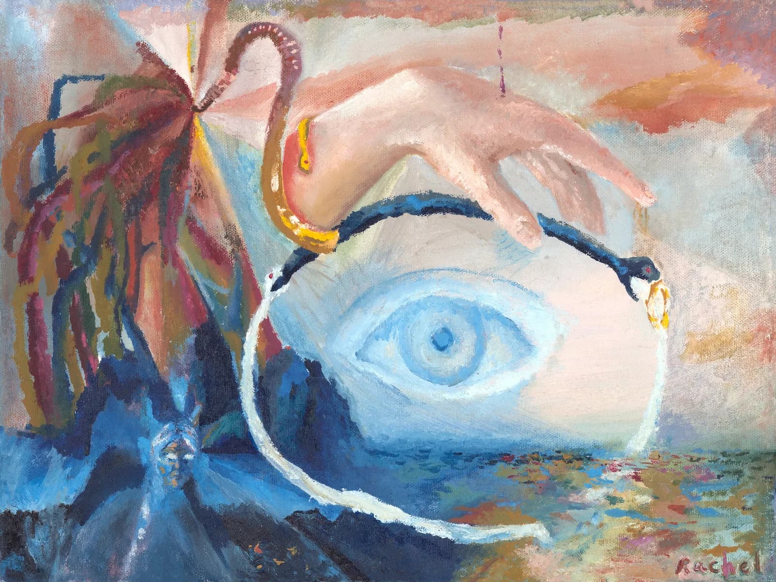 A surreal oil painting depicts a disembodied hand reaching towards a large eye, with a snake and an umbrella in a dreamlike scene.