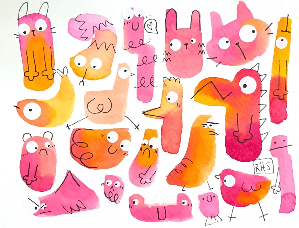 A whimsical watercolor painting features a collection of abstract, cartoonish creatures in shades of pink and orange.