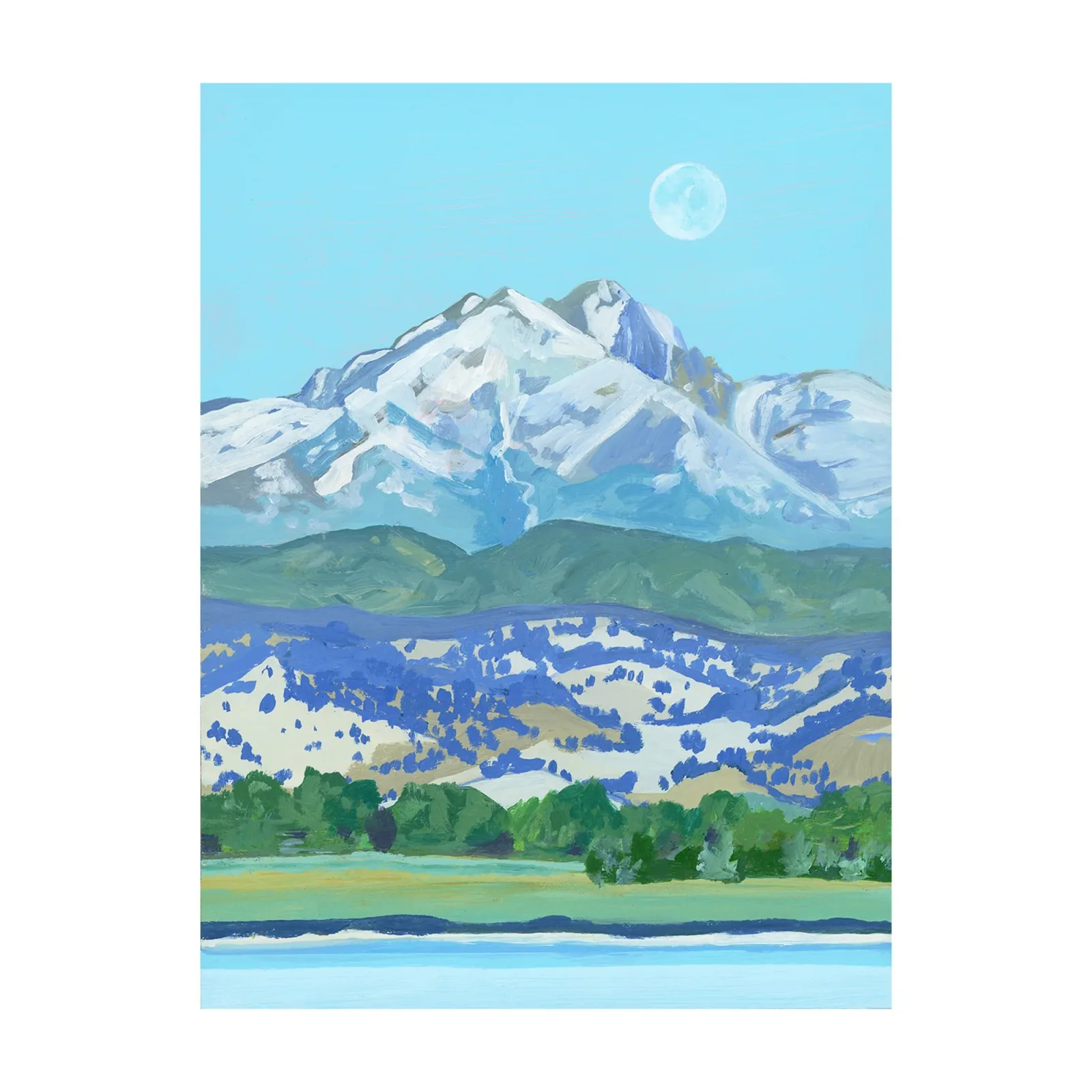 An impressionistic landscape painting depicts the Flatirons mountains under a full moon, rendered in shades of blue and green.