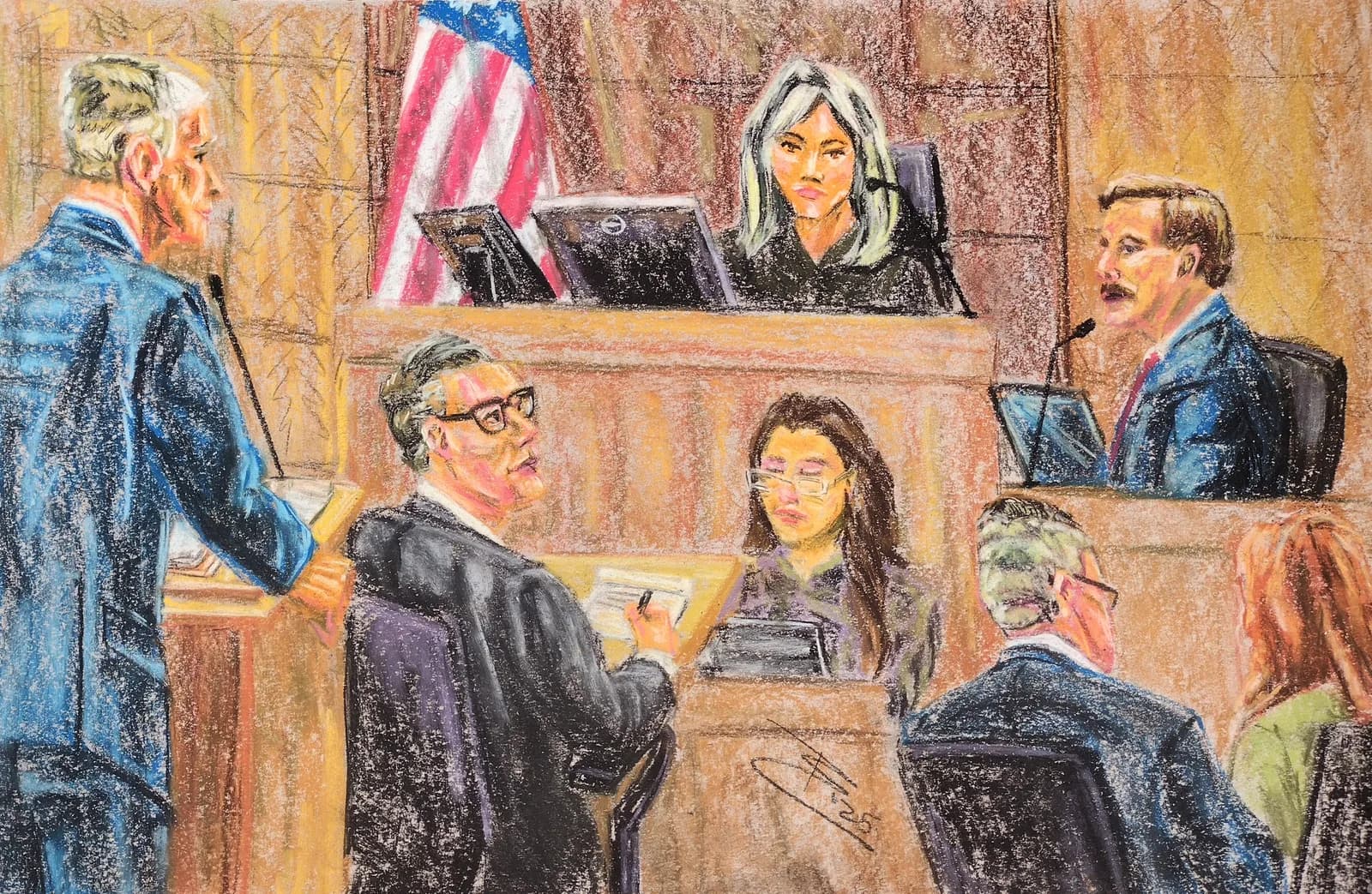 A pastel drawing depicts a courtroom scene with a judge, lawyers, and jury members.