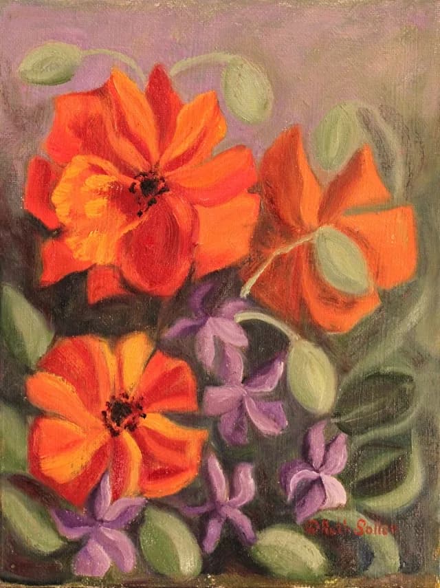 Vibrant orange and purple flowers are depicted in an oil painting with a textured background.