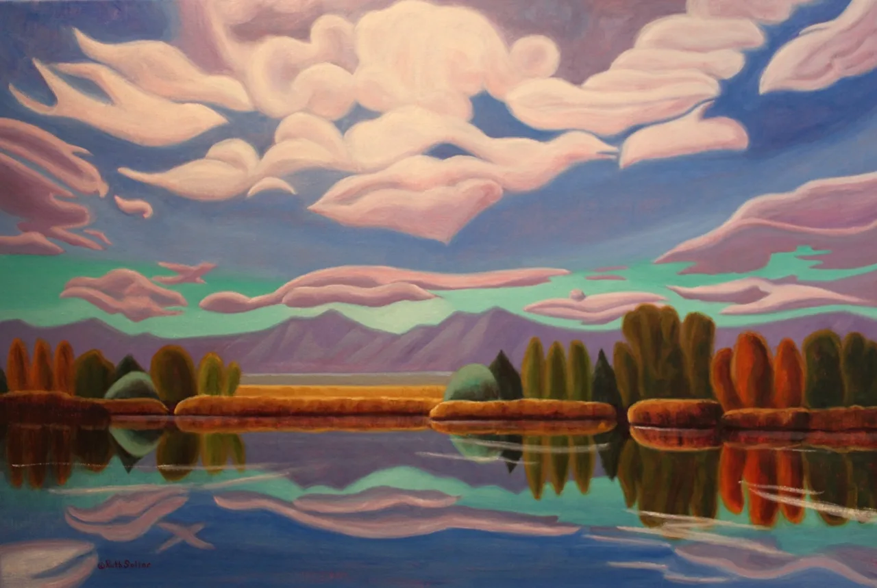 A vibrant oil painting depicts a serene landscape with dramatic clouds reflected in a calm lake.