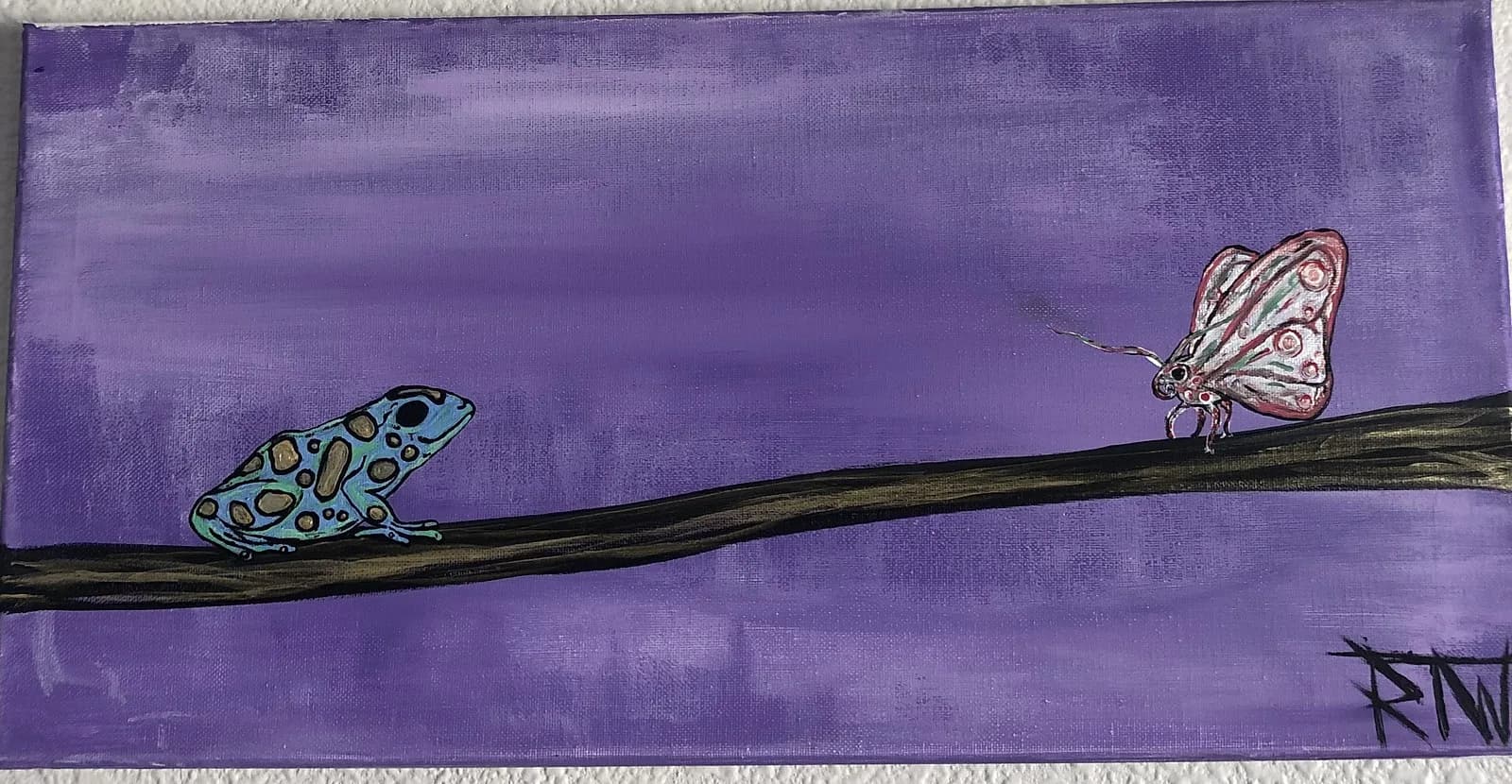 A blue and green frog and a pink and white moth perch on a branch against a purple background, oil on canvas.