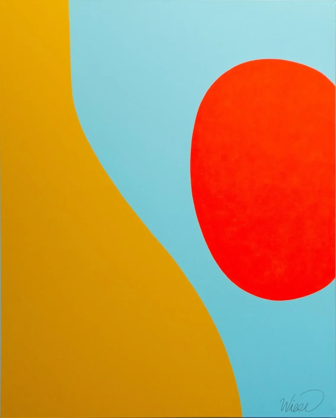 An abstract painting features a large scarlet oval against a light blue background, with a bold yellow shape on the left.