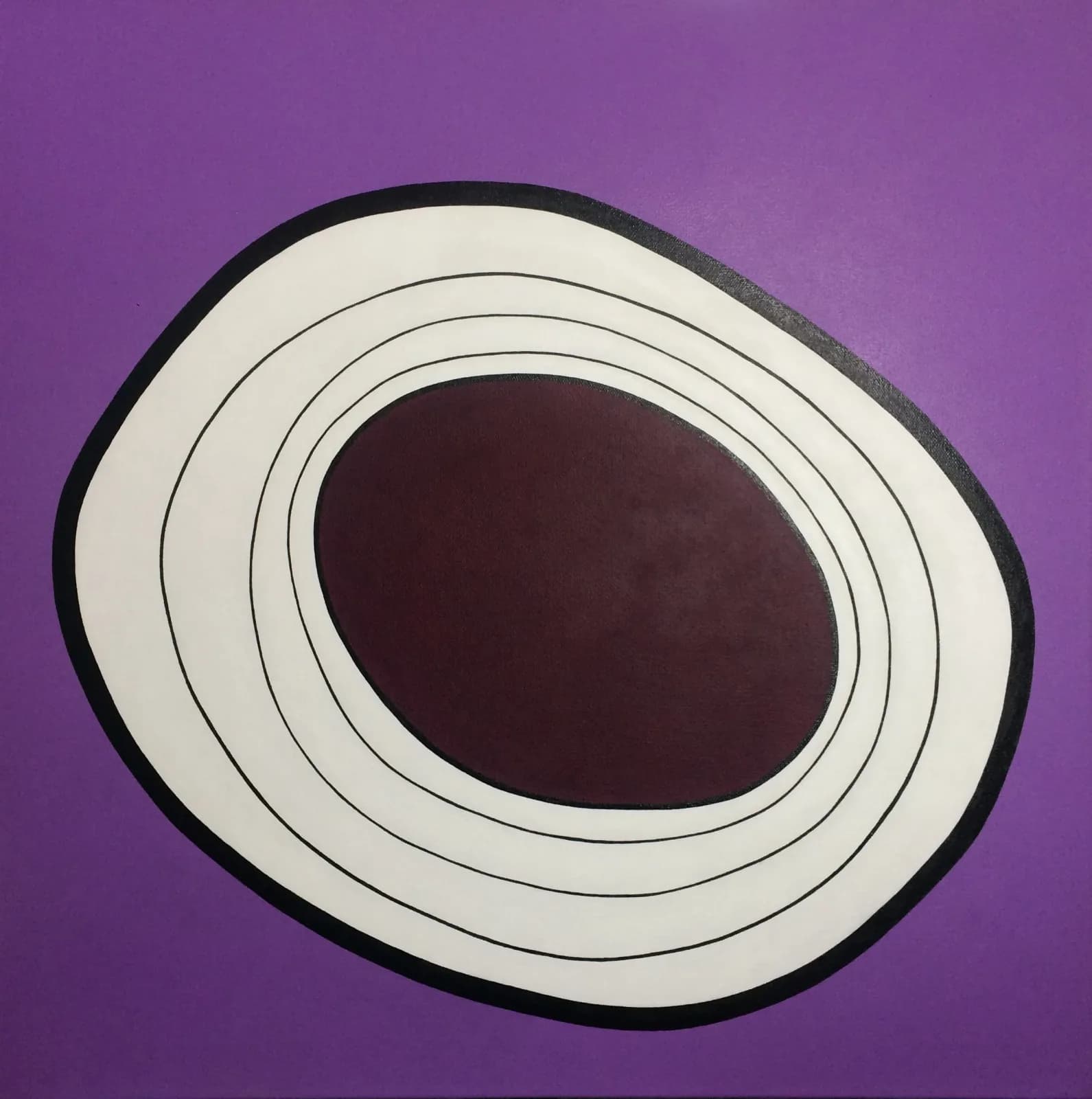 An abstract painting features concentric organic shapes in white and deep red against a Bossanova purple background.
