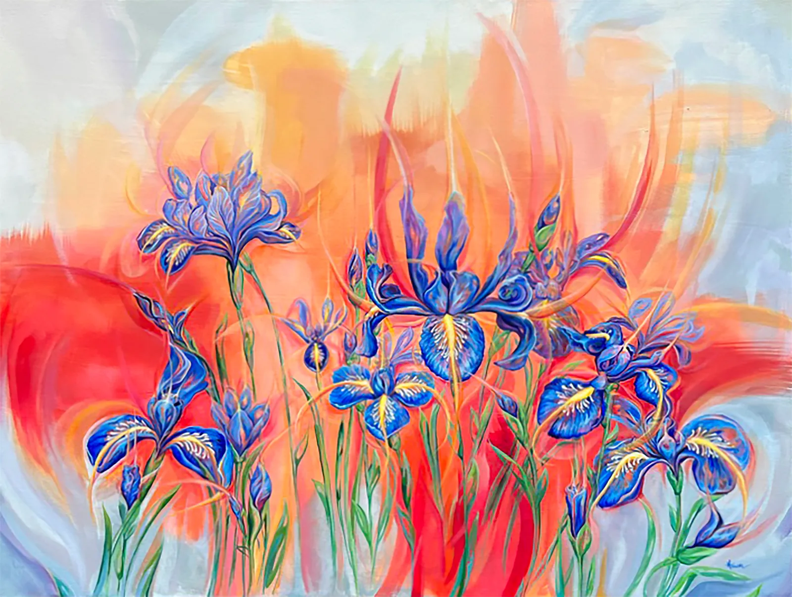 Vibrant blue irises bloom against a fiery abstract background in this expressive oil painting.