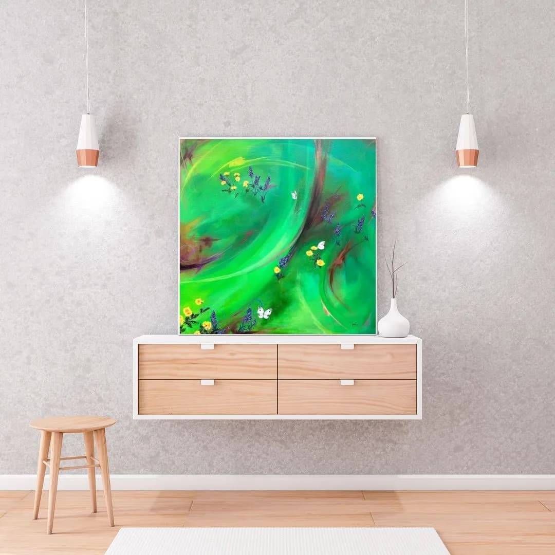 An abstract painting features delicate butterflies and yellow flowers amidst swirling emerald and malachite green.