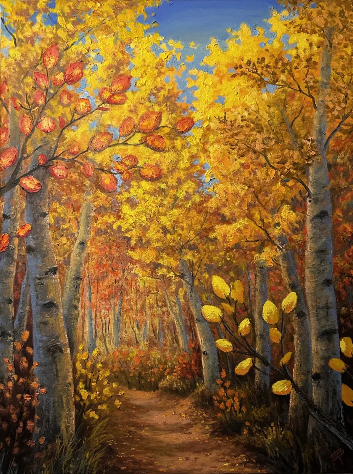 An impressionistic oil painting depicts a sun-dappled forest path in autumn, with vibrant yellow and orange aspen leaves.