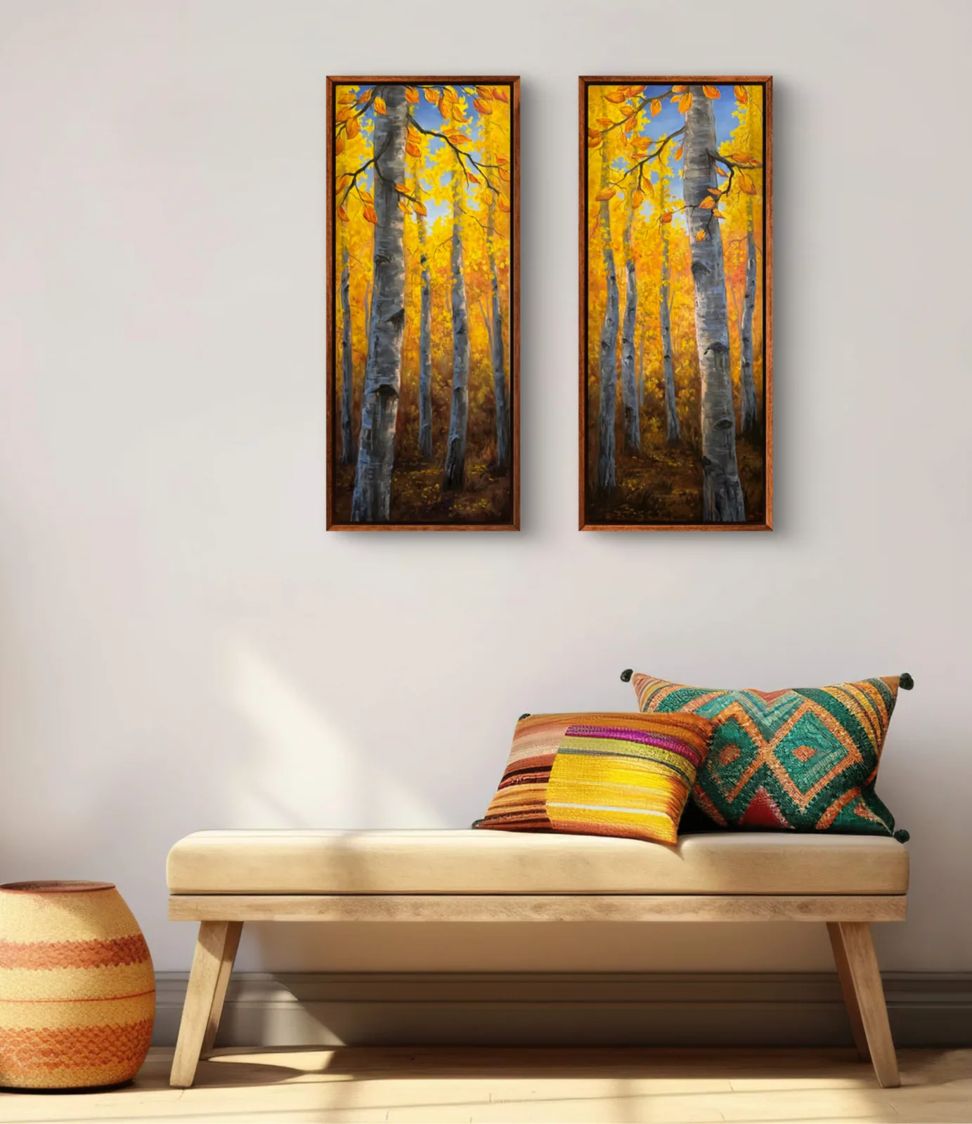 Two Impressionist oil paintings depict aspen trees in fall with vibrant yellow foliage and a bright blue sky.