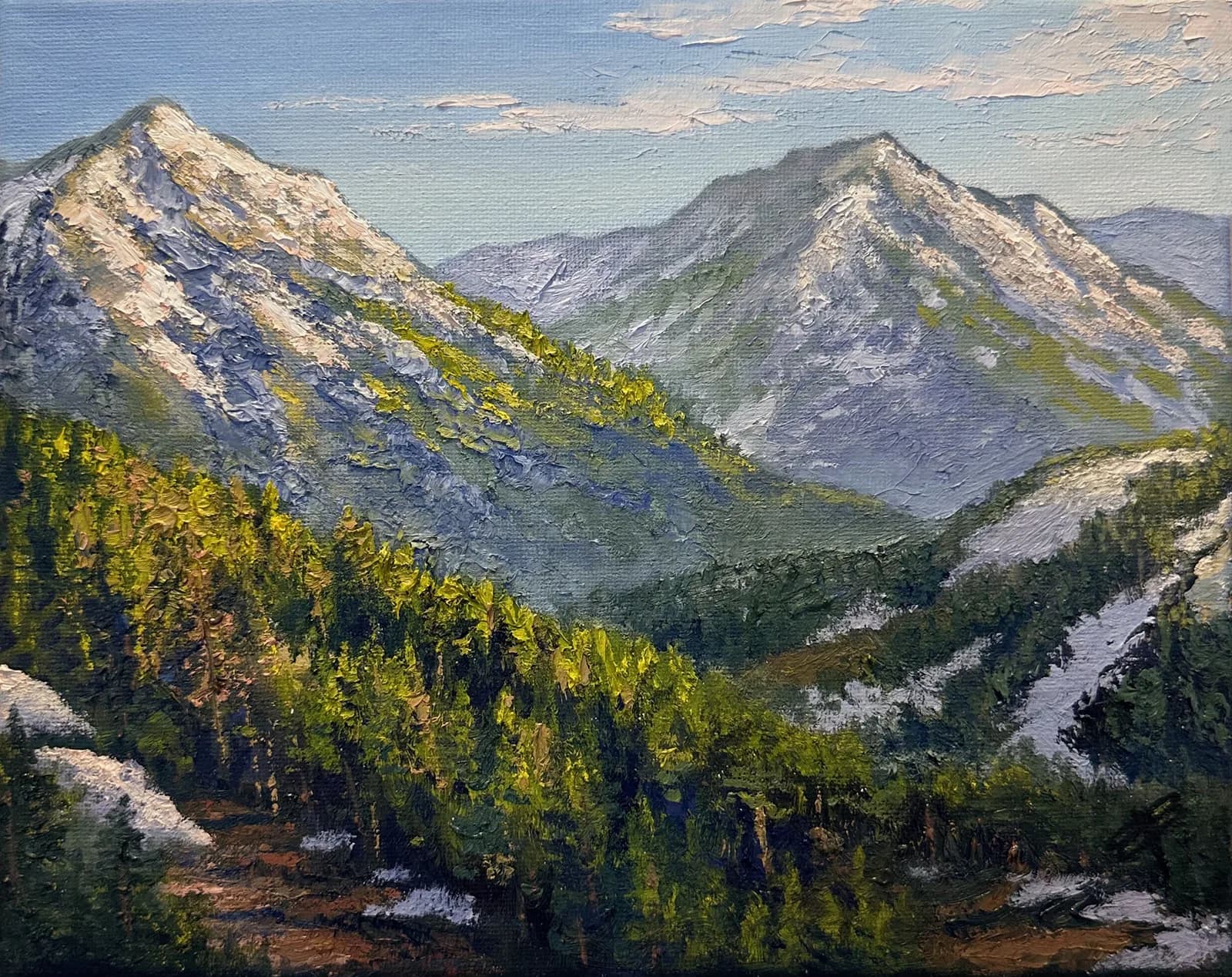 An impressionistic oil painting depicts a mountain landscape with snow-capped peaks and a dense forest in the foreground.
