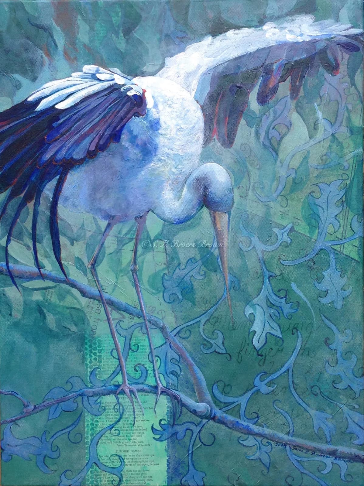 A white crane with blue-tinged wings perches on a branch amidst stylized foliage, rendered in oil and acrylic.