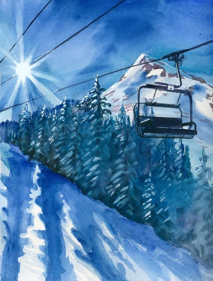 A watercolor painting captures a winter ski lift ascending a snowy mountain slope under a bright sun.