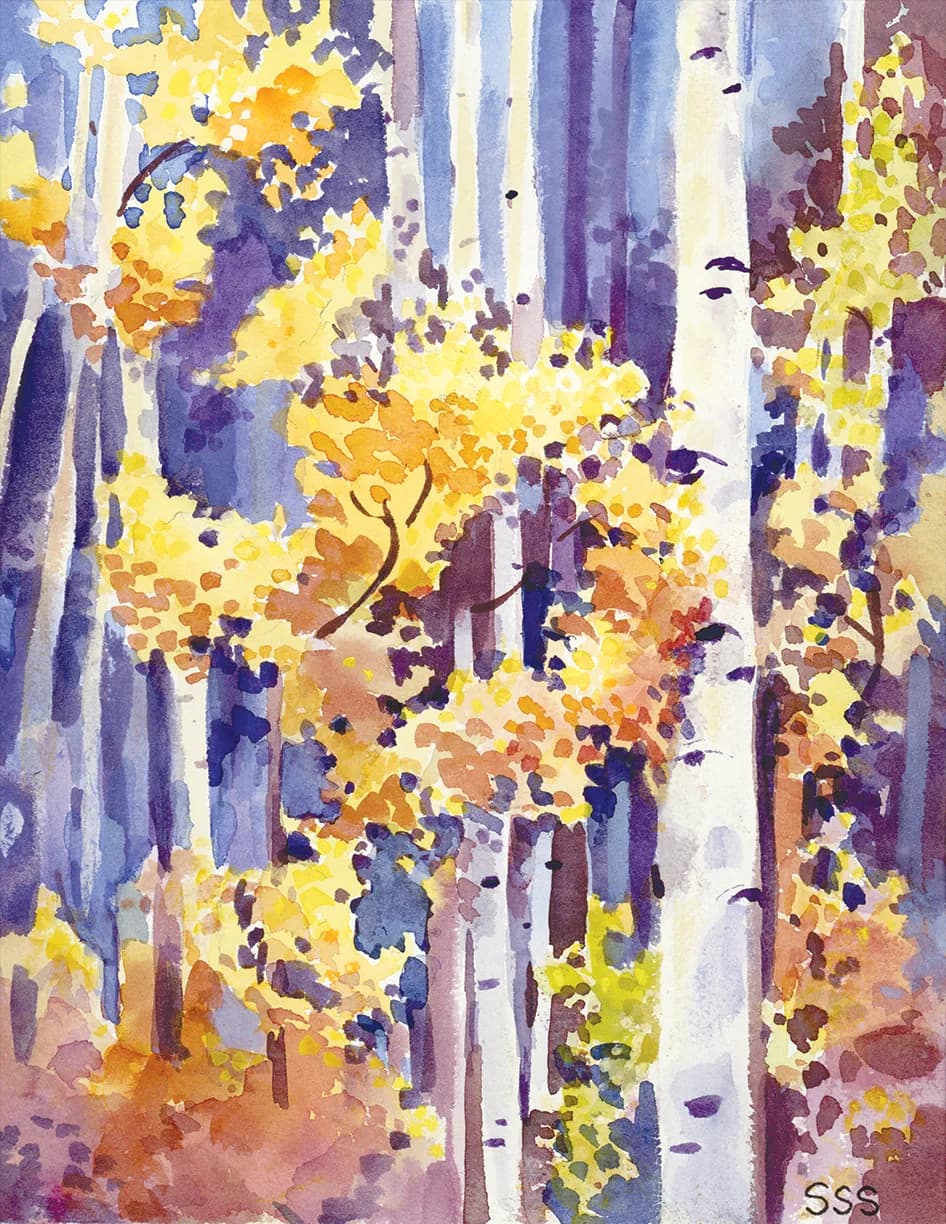 An impressionistic watercolor painting captures the vibrant yellow and purple hues of an aspen forest in autumn.