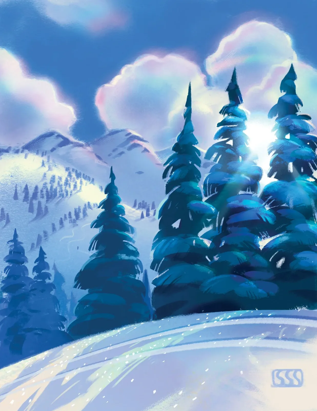 Impressionistic oil painting of a snowy winter landscape with evergreen trees and sunlit clouds.