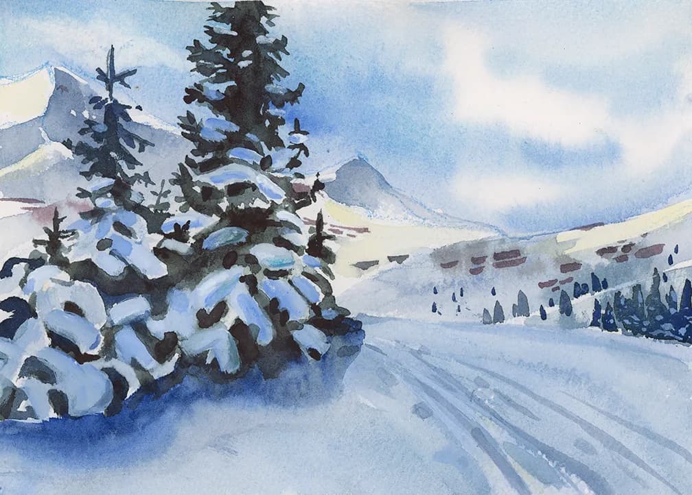 An impressionistic watercolor painting depicts a snowy winter landscape with snow-covered evergreen trees and distant mountains.