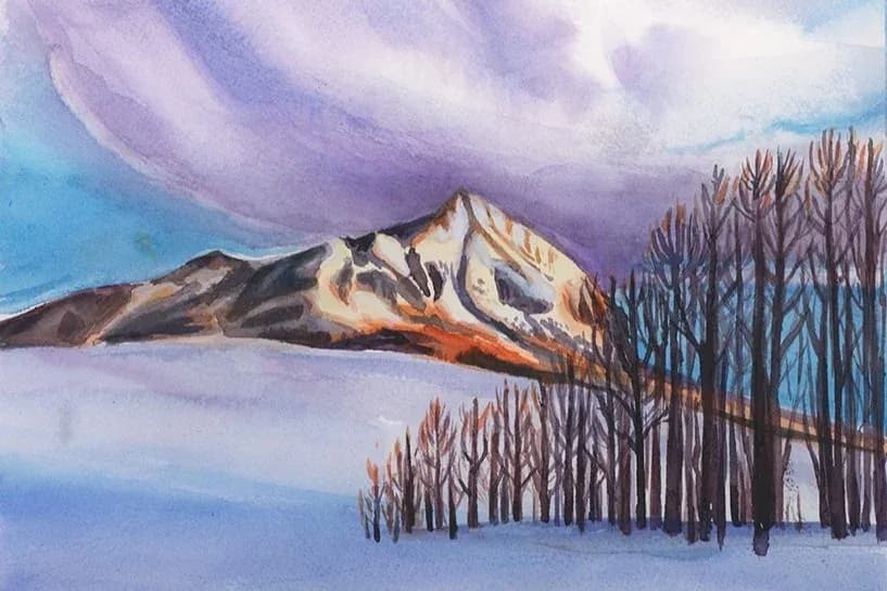 A watercolor landscape painting depicts a snow-covered mountain range with bare trees in the foreground under a dramatic sky.