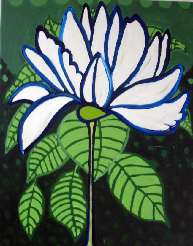 A stylized white and blue flower with green leaves is depicted in oil and acrylic.