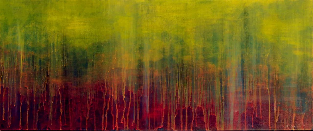 An abstract painting features vertical drips in shades of Heath, Lucky, and Black Marlin.