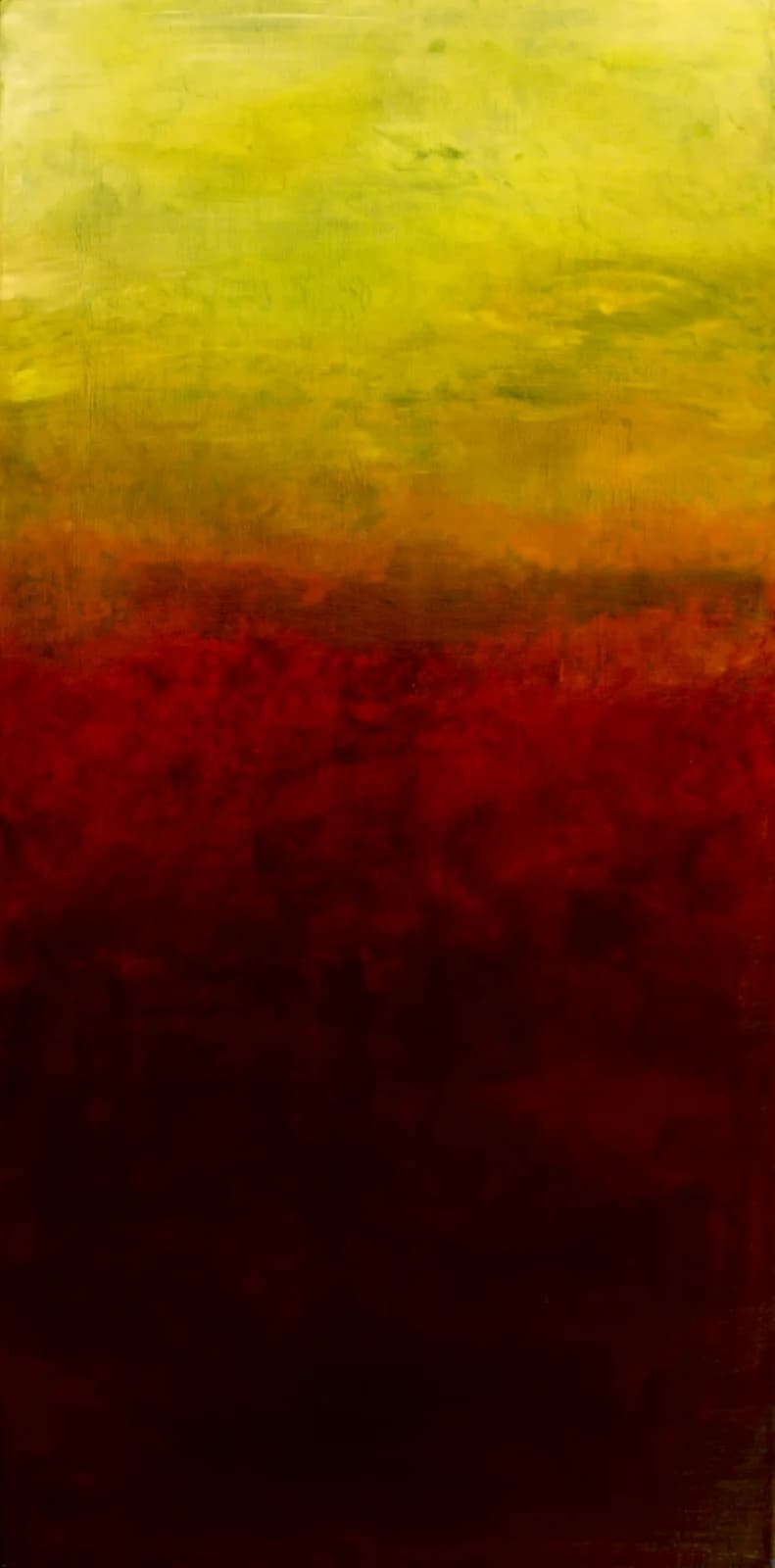 An abstract oil painting features a gradient from bright yellow to deep red, evoking a sense of atmospheric depth.