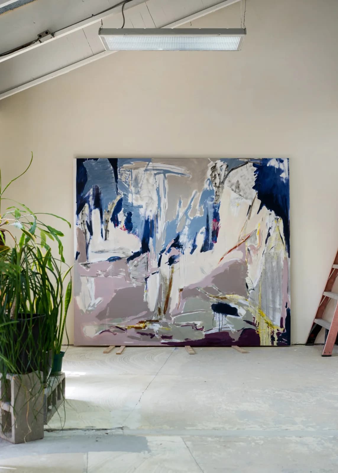An abstract oil and acrylic painting in shades of blue, grey, and pink, with bold brushstrokes and dynamic composition.