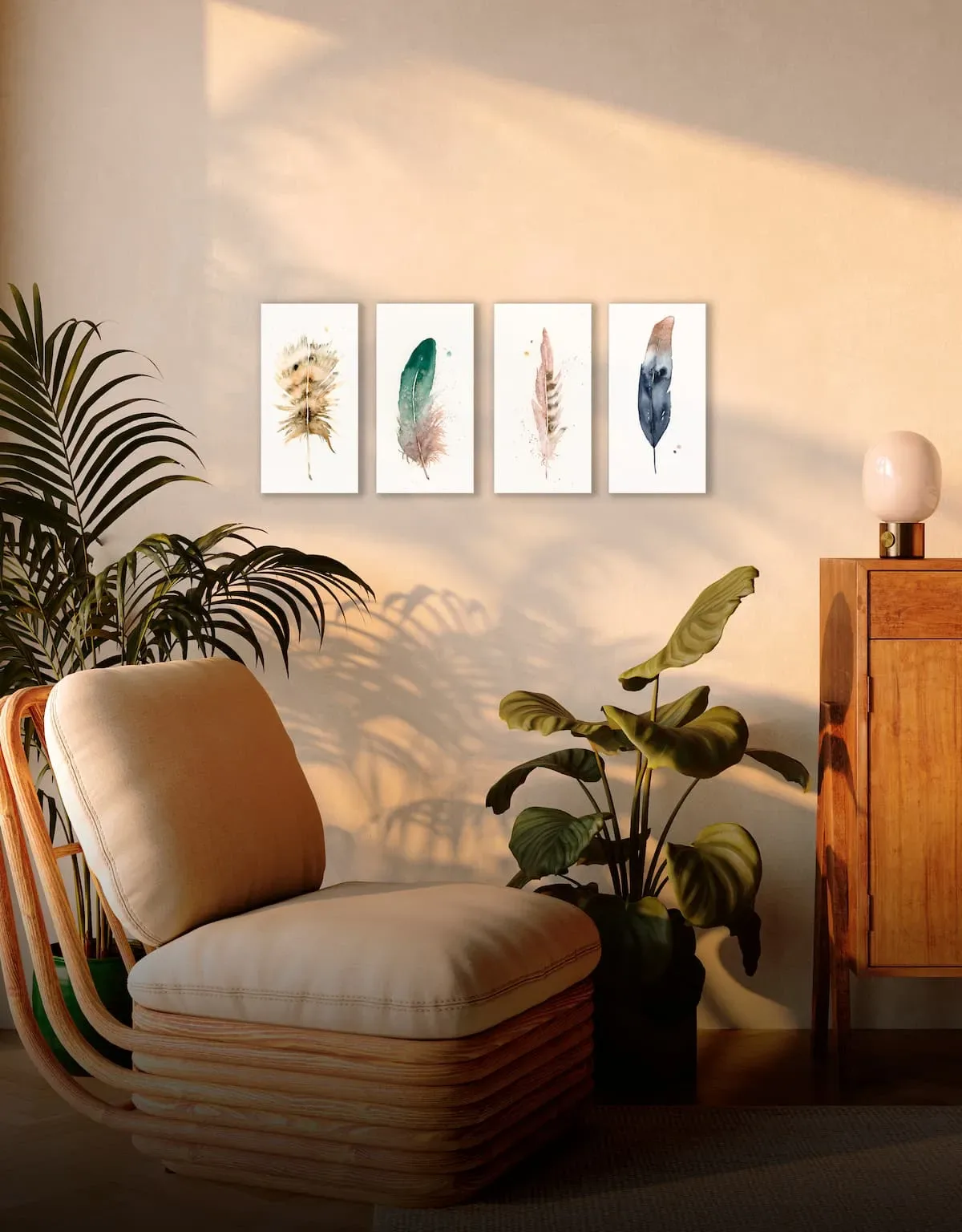 Four watercolor paintings of feathers in shades of Desert, Pickled Bean, and Vanilla.