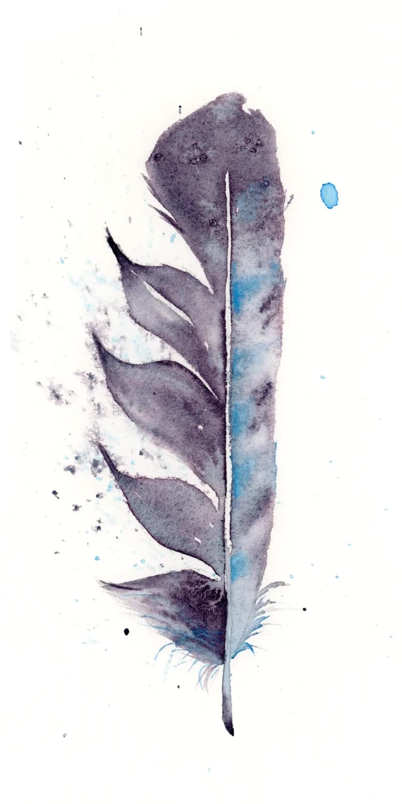 A delicate watercolor painting of a single feather in shades of gray and blue.