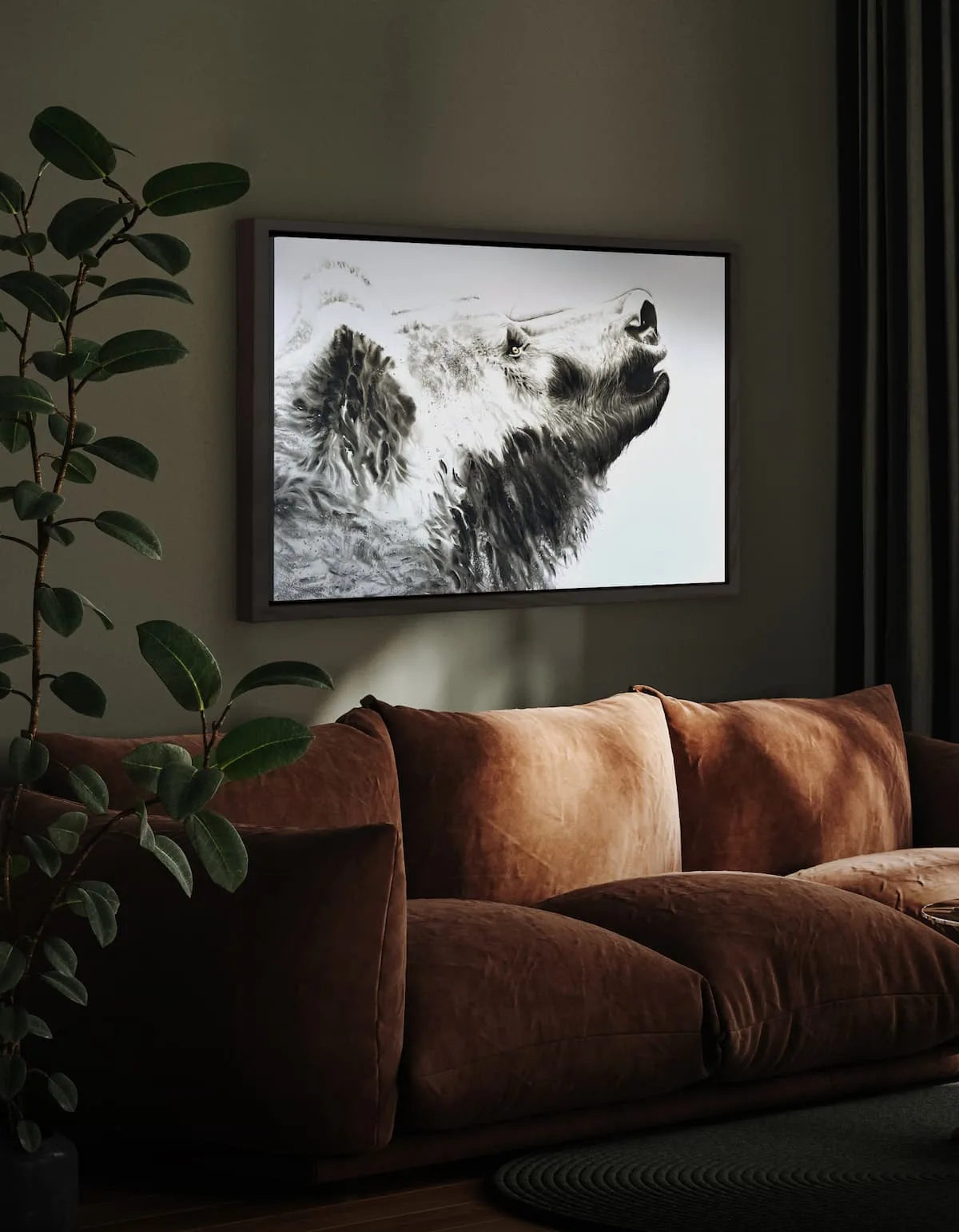 A black and white photograph captures a bear's head with its mouth open, set against a neutral background.