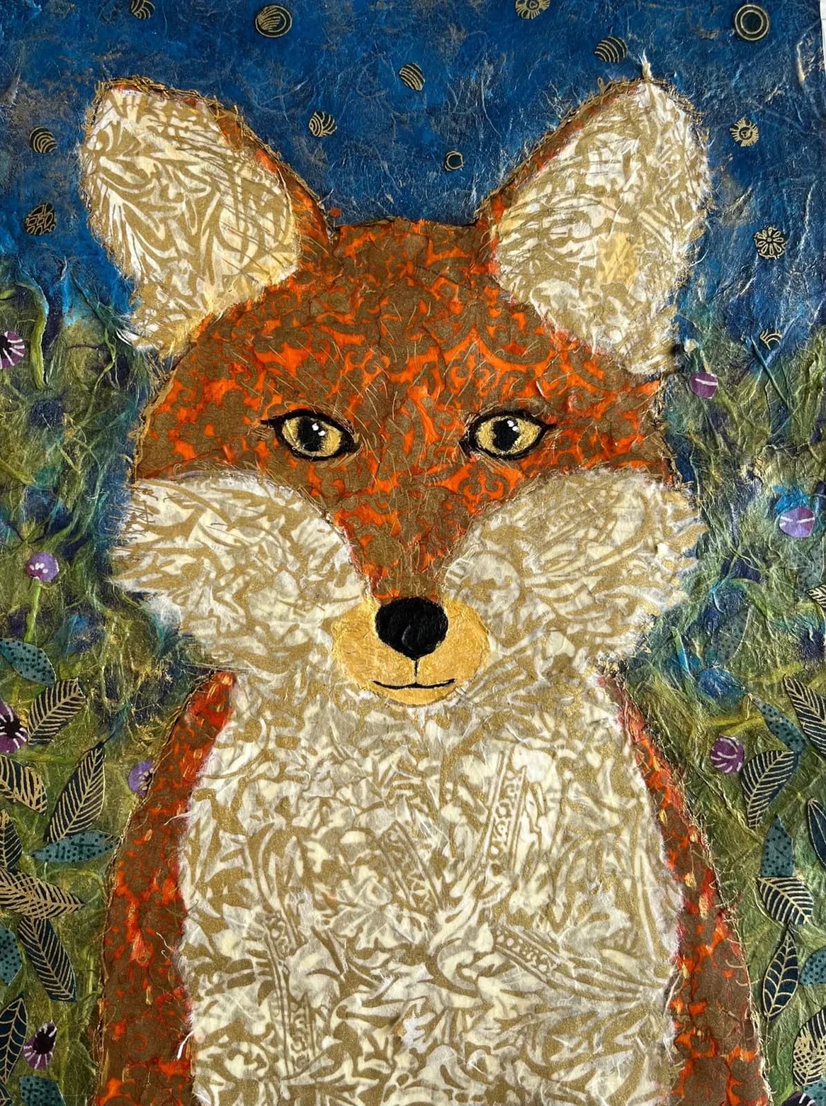 A folk art mixed media collage of a fox in a forest, rendered in russet, chino, and kelp tones.