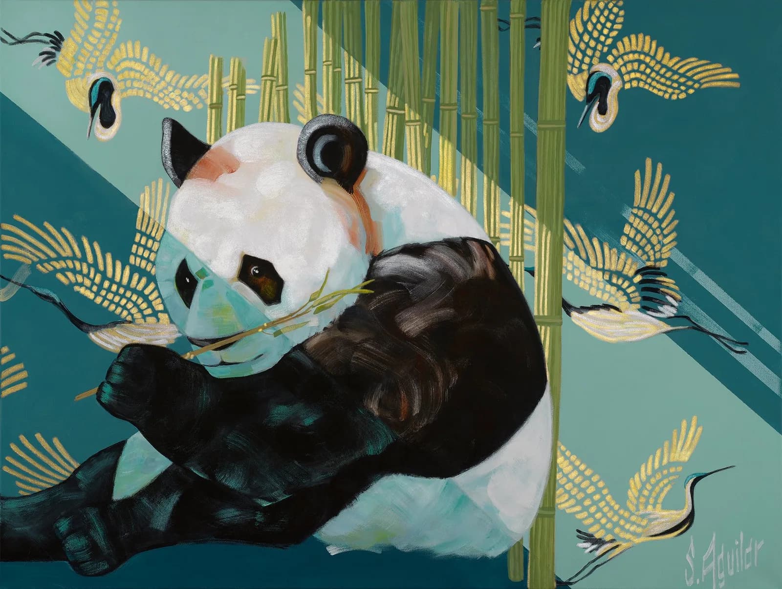 A panda sits eating bamboo surrounded by flying cranes, painted in oil and acrylic.