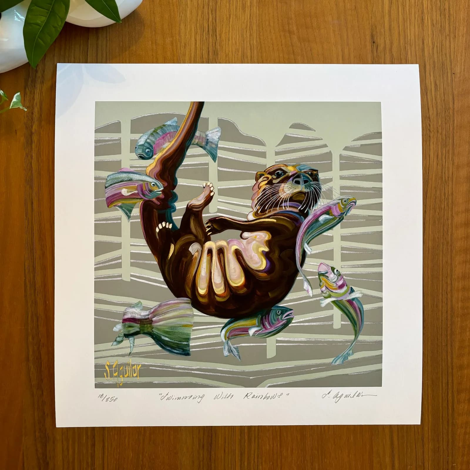 An otter swims with rainbow trout in this print by S. Aguilar, rendered in earthy tones with a stylized background.