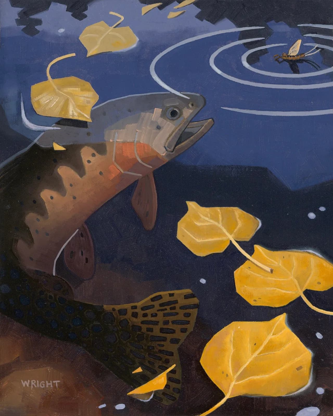 A trout leaps from dark water to catch a mayfly, surrounded by yellow leaves in this oil painting.