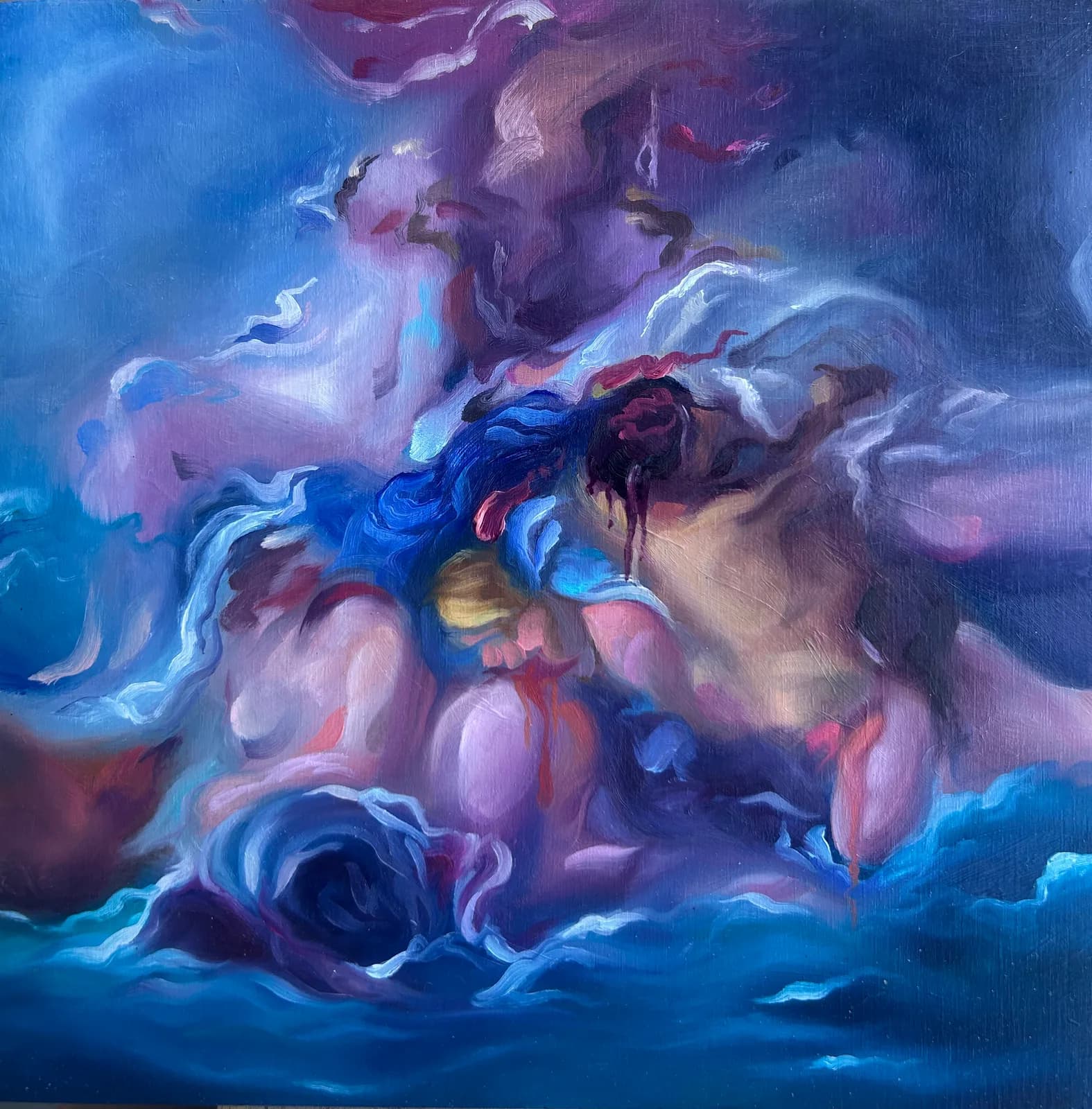 An abstract oil painting in shades of Fun Blue and San Marino features swirling forms and a dreamlike atmosphere.